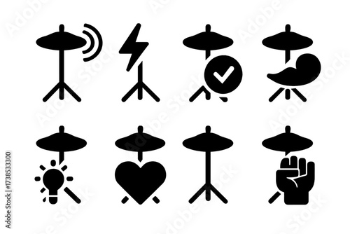 Hi-Hat Emotions Icons. Solid, filled icon set of hi-hat emotions and symbolism: rhythm, energy, beat, precision, flow, creativity, passion, power. Solid,