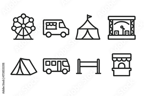 Festival Icons Set. Outline icon set of festival transportation and venues: ferris wheel, food truck, festival tent, stage, camping tent, shuttle bus, crowd