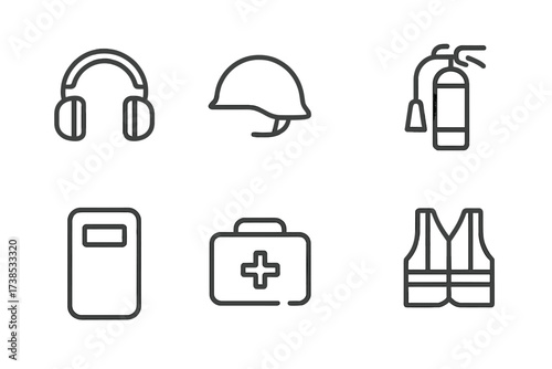 Artillery Safety Icons. Outline icon set of artillery safety equipment: ear protection, helmet, safety goggles, fire extinguisher, blast shield, first aid kit,