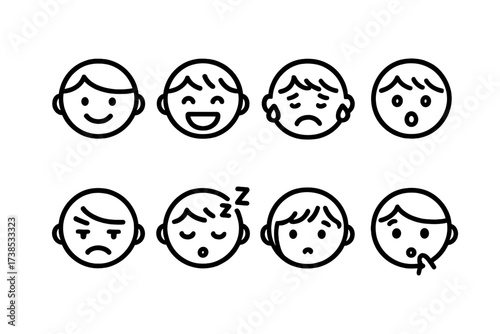 Children's Emotion Icons. Outline icon set of children?s emotions: smiling face, laughing child, crying child, surprised face, angry face, sleepy face, shy