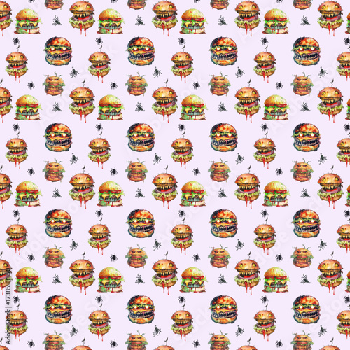 A seamless Halloween pattern featuring creepy monster burgers with dripping sauces and spiders on a light background, blending horror and food art.