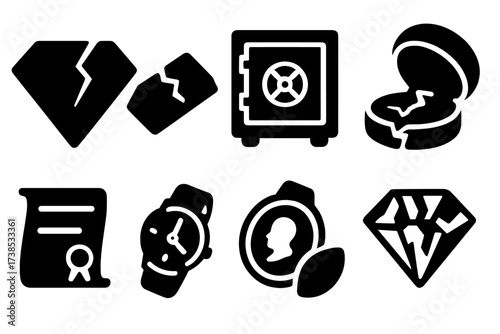 Worthless Valuables Icons. Solid, filled icon set of worthless valuables: cracked diamond, broken gold bar, empty safe, torn jewelry box, faded certificate,