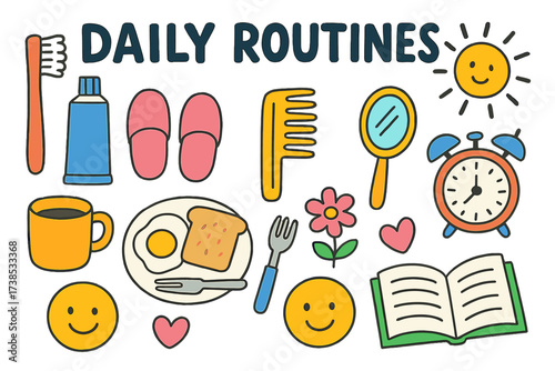 Daily Routine Doodles. Daily Routines. Colorful Hand-drawn doodle Children illustration Daily Routines toothbrush, toothpaste, comb, mirror, slippers, mug,