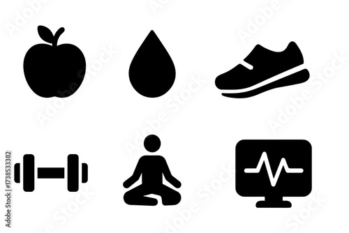 Health Symbol Icons. Solid, filled icon set of health and vigor: apple, water drop, fresh leaf, running shoe, dumbbell, yoga pose, vitamin pill, heartbeat
