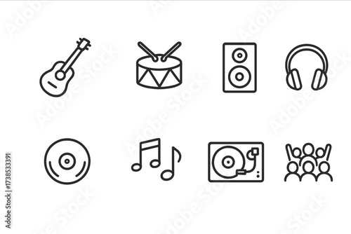 Music Festival Icons. Outline icon set of music festivals: guitar, drum, speaker, headphones, vinyl record, musical notes, DJ turntable, crowd silhouette. Line