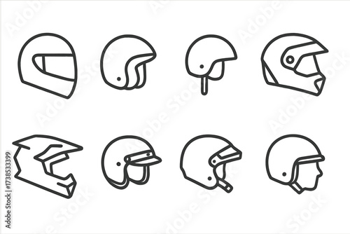 Helmet Icon Collection. Outline icon set of helmet styles: full face, open face, half shell, modular, off-road, vintage, tactical, commuter. Line icons in only