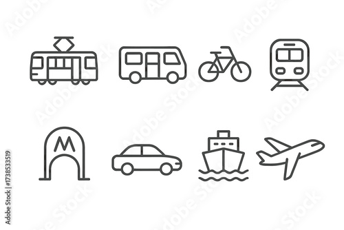 Ukrainian Transport Icons. Outline icon set of Ukrainian transportation: tram, marshrutka minibus, bicycle, train, metro entrance, car, ferry, airplane. Line