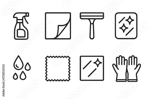 Mirror Cleaning Icons. Outline icon set of mirror cleaning: spray bottle, cloth, squeegee, soap, water droplets, microfiber cloth, streak-free wipe, cleaning