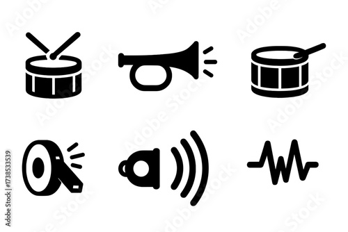 Battle Sound Icon Set. Solid, filled icon set of battle rhythm sound effects: drum roll, cymbal crash, bugle blast, snare snap, bass thump, whistle blow, echo,
