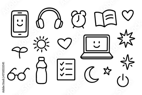 Digital Wellness Icons. Hand-drawn doodle illustration Digital wellness phone, laptop, headphones, clock, book, glasses, heart, sun, moon, star, water bottle,