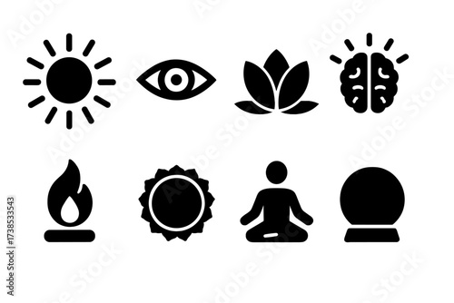 Enlightenment Symbol Icons. Solid, filled icon set of symbols of enlightenment: sun rays, open eye, rising lotus, illuminated brain, flame of knowledge, crown