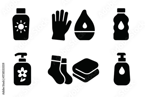Cracked Skin Prevention Icons. Solid, filled icon set of cracked skin prevention: sunscreen, gloves, humidifier, water bottle, gentle soap, cotton socks, soft