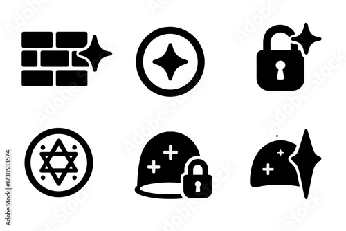 Magical Defense Icons. Solid, filled icon set of magical defenses: barrier wall, arcane shield, ward circle, protection glyph, forcefield, energy dome, magical