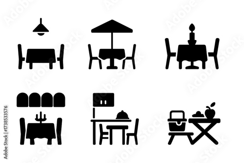 Dining Icon Set. Solid, filled icon set of dinner dining environments: dining room, restaurant table, outdoor patio, candlelight dinner, buffet table, banquet