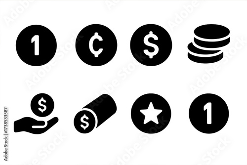 Coin Icon Collection. Solid, filled icon set of coin currency: penny, quarter, dollar coin, coin pile, coin on hand, coin roll, coin with star, coin with