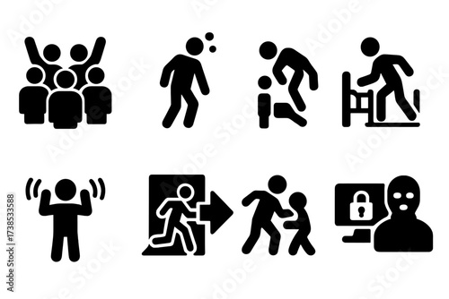 Bouncer Challenges Icons. Solid, filled icon set of bouncer challenges: unruly crowd, intoxicated person, fight breaking out, trespassing, disorderly conduct,