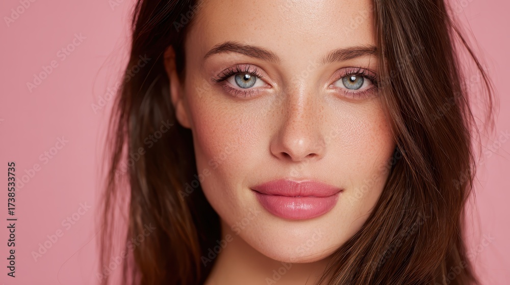Obraz premium Young woman with glowing, clear skin and subtle makeup looks at the camera, conveying freshness, confidence and well being in a clean studio portrait with pink background