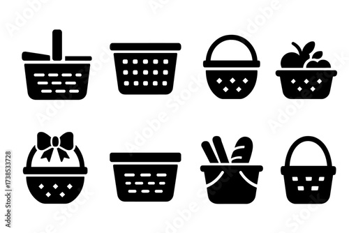 Woven Basket Icons. Solid, filled icon set of woven baskets: picnic basket, laundry basket, market basket, fruit basket, gift basket, storage basket, beach