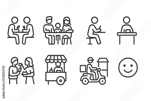 Street Food Icon Set. Outline icon set of street food customers: group eating, family with kids, solo diner, couple sharing, street vendor, food delivery,