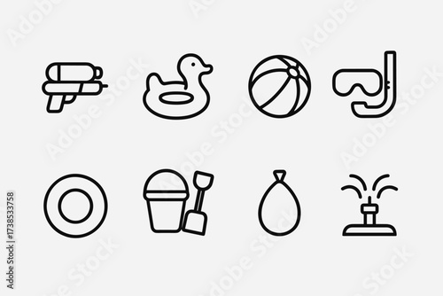 Water Play Icons. Outline icon set of water play: water gun, pool float, beach ball, snorkel mask, inflatable ring, bucket and spade, water balloon, sprinkler.