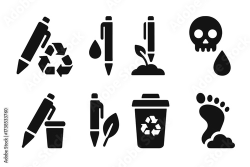 Eco-Friendly Pen Icons. Solid, filled icon set of pen environmental impact: recyclable materials, refillable ink, biodegradable plastic, ink toxicity, waste