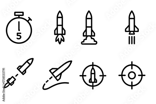 Missile Launch Icons. Outline icon set of missile launch sequence: countdown timer, ignition, plume exhaust, lift-off, separation, trajectory path, tracking,