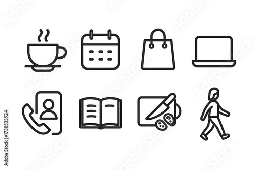 Aunt's Daily Routine Icons. Outline icon set of aunt?s daily routine: coffee cup, calendar, shopping bag, laptop, phone call, book, meal prep, walking. Line