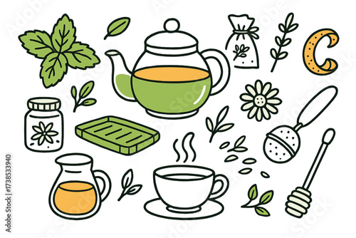 Herbal Tea Harmony. Herbal Tea Set. Hand-drawn doodle illustration Herbal Tea Set glass teapot (accented), mint sprig (accented), lavender sachet, chamomile
