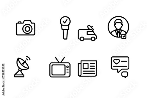Election Media Icons. Outline icon set of election media coverage: camera, microphone, reporter, news van, satellite dish, television, newspaper, social media.