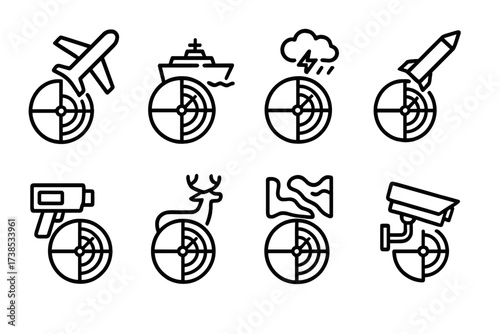 Radar Application Icons. Outline icon set of radar applications: aircraft tracking, ship navigation, weather monitoring, missile guidance, speed detection,