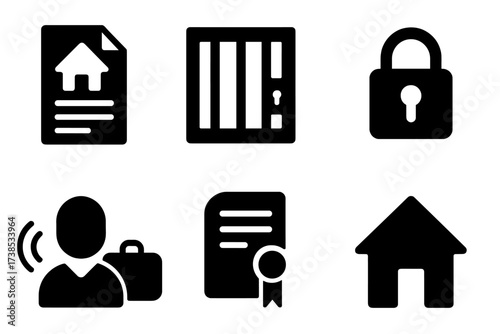 Tenant Eviction Icons. Solid, filled icon set of tenant eviction: eviction letter, barred door, suitcase, lock with keyhole, alarm bell, landlord silhouette,