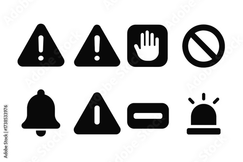 Black Warning Icon Set. Solid, filled icon set of threshold warning signs: danger sign, exclamation mark, stop hand, crossed circle, alert bell, hazard