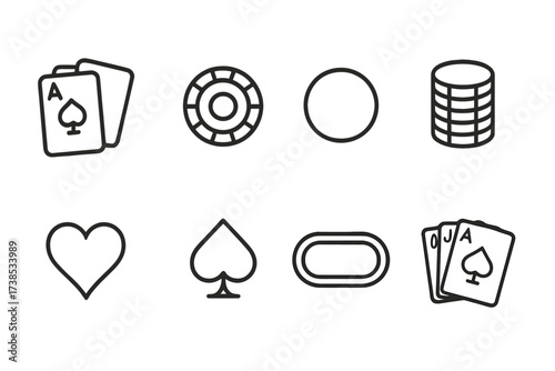 Poker Icons Set. Outline icon set of poker: poker cards, poker chips, dealer button, stack of chips, poker table, card suit hearts, card suit spades, royal