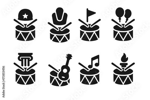 Marching Drum Icons. Solid, filled icon set of marching drum music genres: military, marching band, drum corps, parade, classical, folk,