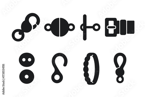 Bracelet Fastener Icons. Solid, filled icon set of bracelet fastening types: lobster clasp, magnetic clasp, toggle clasp, buckle, snap, hook, stretch, slide