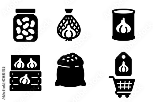 Garlic and Beans Icons. Solid, filled icon set of garlic and beans packaging: jar of beans, bag of garlic, can of beans, box of garlic cloves, bulk sack, label