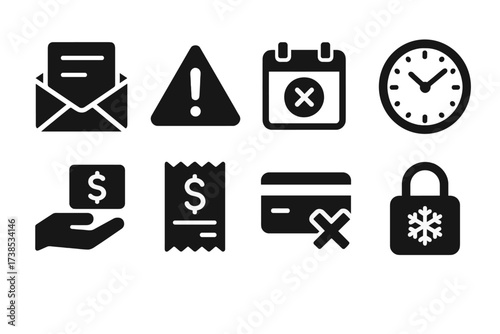 Late Payment Icons. Solid, filled icon set of late payment concepts: overdue notice, warning sign, calendar with past date, clock ticking, payment reminder,