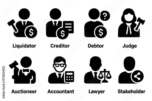 Liquidation Icon Set. Solid, filled icon set of liquidation participants: liquidator, creditor, debtor, judge, auctioneer, accountant, lawyer, stakeholder.