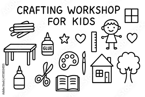 Craft Workshop Doodle. Hand-drawn doodle illustration Crafting workshop for kids popsicle sticks, table, glue bottle, scissors, ruler, paintbrush, palette,
