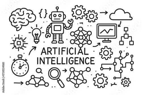 AI Workflow Doodle. Hand-drawn doodle illustration Artificial intelligence workflow brain, robot, gears, neural network, computer screen, data flow, cloud,