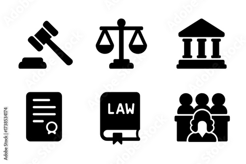 Court Symbol Icons. Solid, filled icon set of court symbols: gavel, scales of justice, courthouse building, judge?s bench, legal document, law book, judge?s