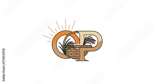Elegant logo design with intertwined letters, rice basket and wheat stalks illustration