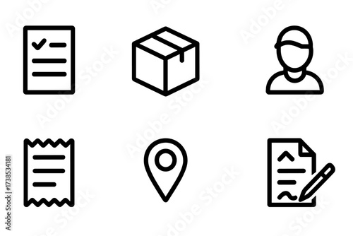 Delivery Process Icons. Solid, filled icon set of delivery process: order form, packing box, delivery van, delivery person, receipt, location pin, shipping