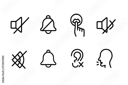 Mute Sound Icons. Outline icon set of sound symbols: speaker off, no bell, hush gesture, volume mute, crossed-out sound waves, quiet bell, ear with cross,