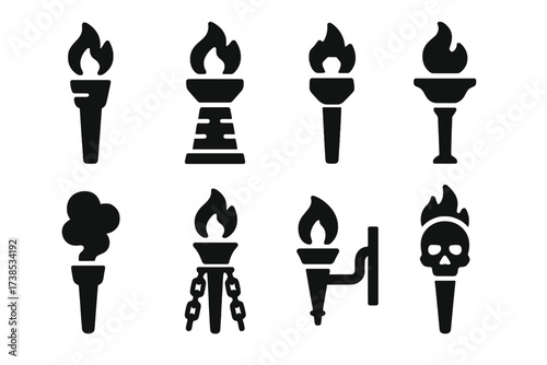 Ancient Torch Icons. Solid, filled icon set of ancient torches: wooden torch, stone torch, bronze torch, ceremonial torch, torch with smoke, torch with chains,