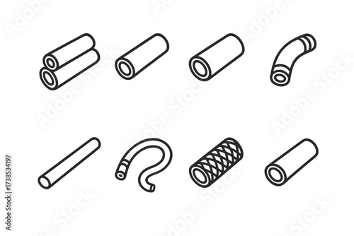 Tube Materials Icons. Outline icon set of tube construction materials: PVC pipe, copper tube, stainless steel pipe, rubber hose, glass tube, flexible plastic