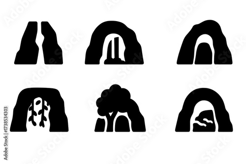 Cave Entrance Icons. Solid, filled icon set of cave entrance types: narrow crack, wide arch, waterfall opening, rock face, dense vines, hidden behind tree,