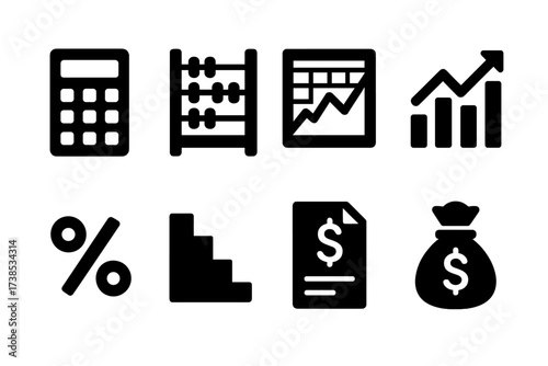 Tax Tools Icons. Solid, filled icon set of tax calculation tools: calculator, abacus, spreadsheet, financial graph, percentage sign, tax bracket chart, budget