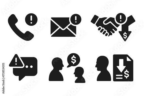 Financial Trouble Icons. Solid, filled icon set of financial trouble communication: phone call, email, meeting, negotiation, alert, message, consultation,
