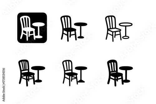 Cafe Logo Variations. Street cafe. Set Logo of Street cafe: Chair and small table. harmonious logo variations of the same emblematic concept, each with